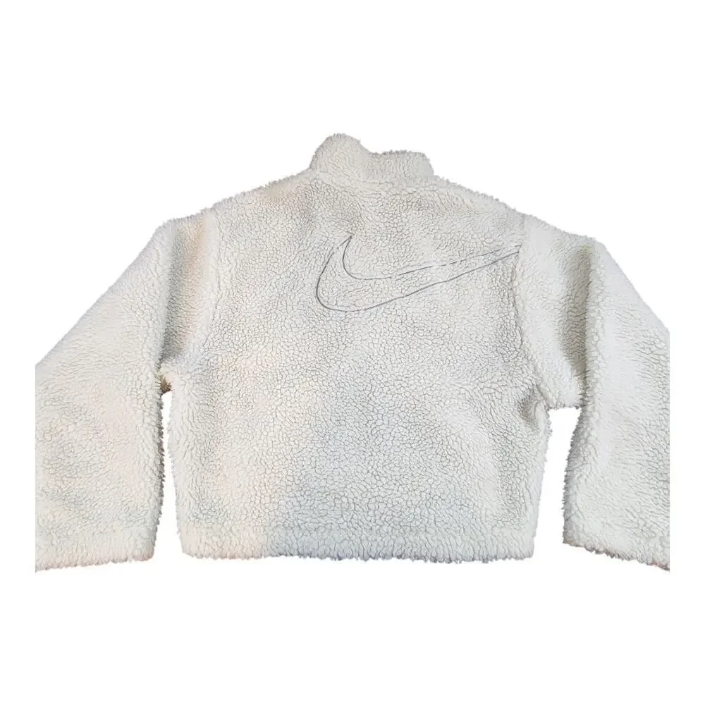 Nike white cream Sherpa fleece jacket sz Med. lined‎ cropped big swoosh